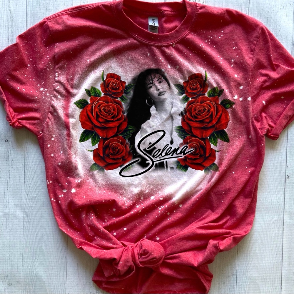 🌹Hand Bleached Red Selena Tee With Roses